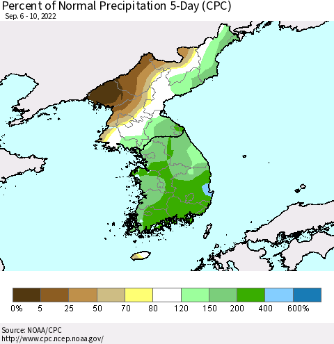 Korea Percent of Normal Precipitation 5-Day (CPC) Thematic Map For 9/6/2022 - 9/10/2022