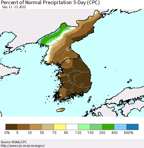 Korea Percent of Normal Precipitation 5-Day (CPC) Thematic Map For 9/11/2022 - 9/15/2022