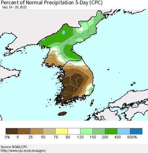 Korea Percent of Normal Precipitation 5-Day (CPC) Thematic Map For 9/16/2022 - 9/20/2022