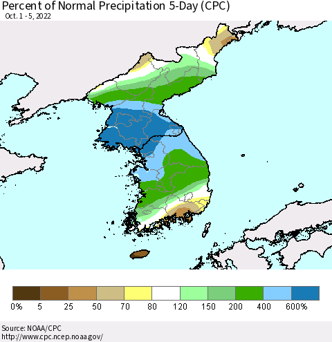 Korea Percent of Normal Precipitation 5-Day (CPC) Thematic Map For 10/1/2022 - 10/5/2022