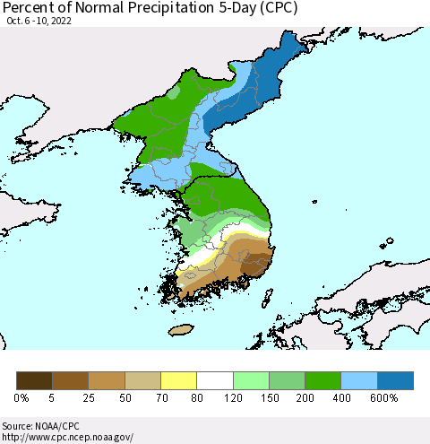 Korea Percent of Normal Precipitation 5-Day (CPC) Thematic Map For 10/6/2022 - 10/10/2022