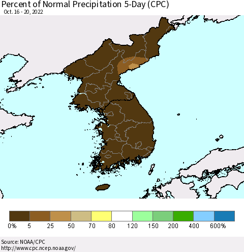 Korea Percent of Normal Precipitation 5-Day (CPC) Thematic Map For 10/16/2022 - 10/20/2022