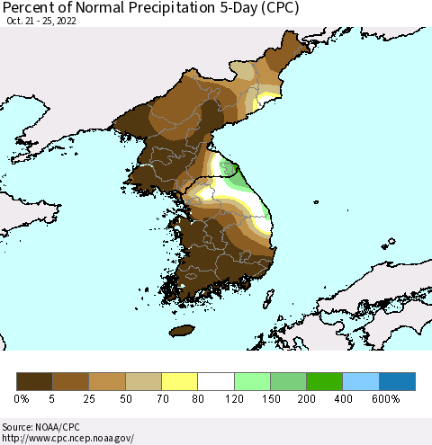 Korea Percent of Normal Precipitation 5-Day (CPC) Thematic Map For 10/21/2022 - 10/25/2022