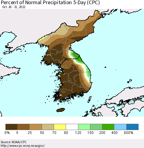 Korea Percent of Normal Precipitation 5-Day (CPC) Thematic Map For 10/26/2022 - 10/31/2022