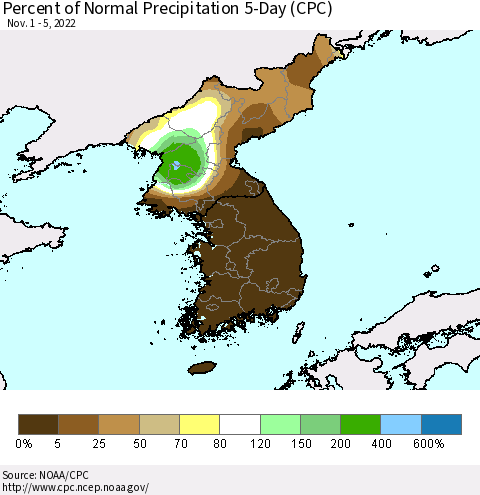 Korea Percent of Normal Precipitation 5-Day (CPC) Thematic Map For 11/1/2022 - 11/5/2022