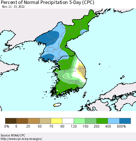 Korea Percent of Normal Precipitation 5-Day (CPC) Thematic Map For 11/11/2022 - 11/15/2022
