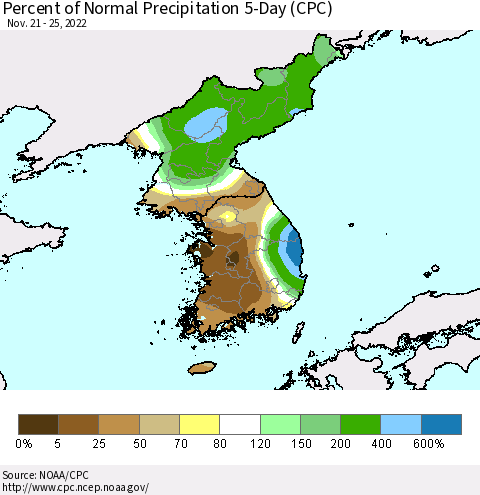 Korea Percent of Normal Precipitation 5-Day (CPC) Thematic Map For 11/21/2022 - 11/25/2022