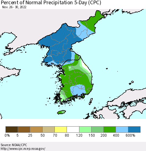 Korea Percent of Normal Precipitation 5-Day (CPC) Thematic Map For 11/26/2022 - 11/30/2022