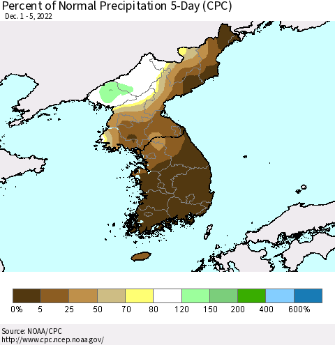 Korea Percent of Normal Precipitation 5-Day (CPC) Thematic Map For 12/1/2022 - 12/5/2022