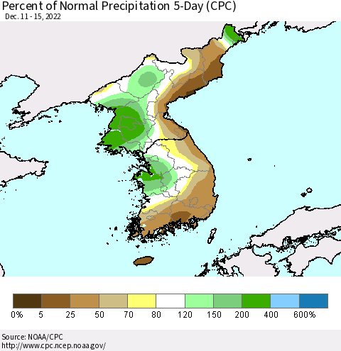 Korea Percent of Normal Precipitation 5-Day (CPC) Thematic Map For 12/11/2022 - 12/15/2022