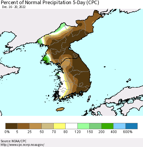 Korea Percent of Normal Precipitation 5-Day (CPC) Thematic Map For 12/16/2022 - 12/20/2022
