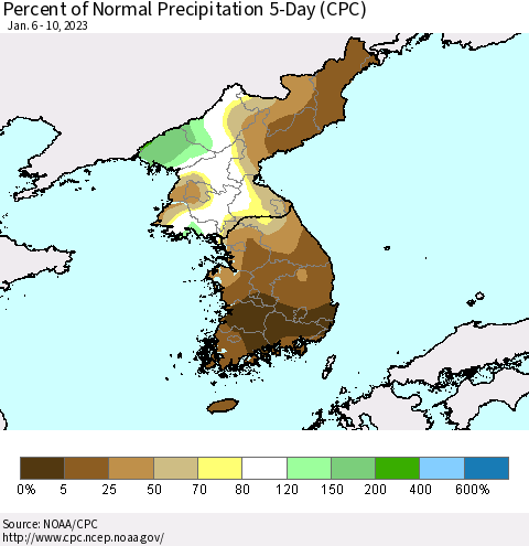 Korea Percent of Normal Precipitation 5-Day (CPC) Thematic Map For 1/6/2023 - 1/10/2023