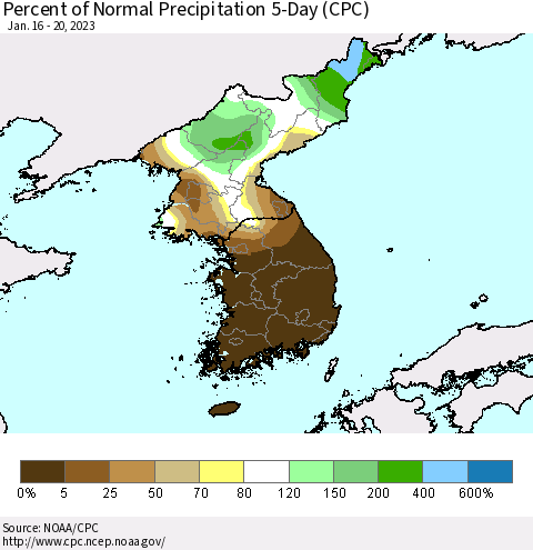 Korea Percent of Normal Precipitation 5-Day (CPC) Thematic Map For 1/16/2023 - 1/20/2023