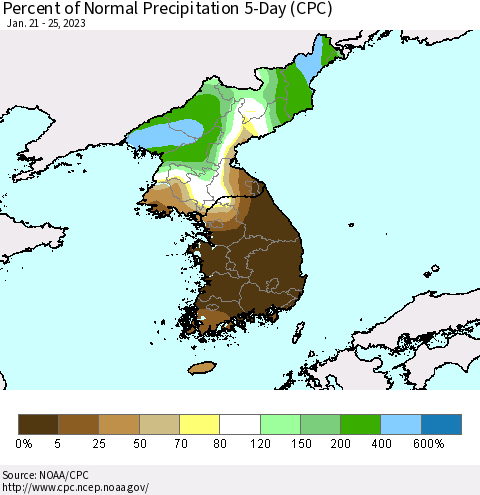 Korea Percent of Normal Precipitation 5-Day (CPC) Thematic Map For 1/21/2023 - 1/25/2023