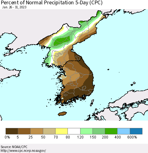 Korea Percent of Normal Precipitation 5-Day (CPC) Thematic Map For 1/26/2023 - 1/31/2023