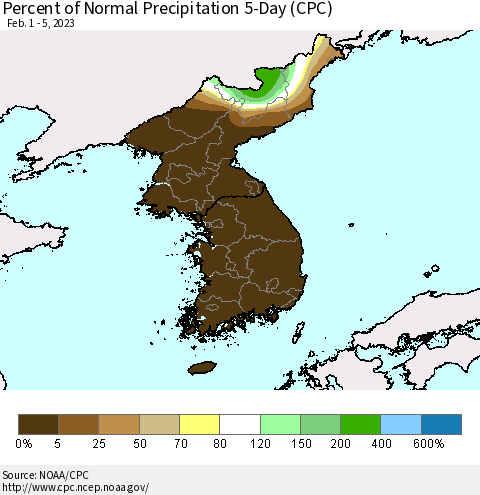 Korea Percent of Normal Precipitation 5-Day (CPC) Thematic Map For 2/1/2023 - 2/5/2023