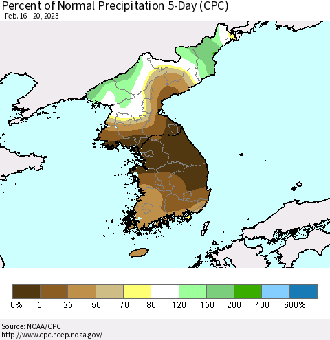 Korea Percent of Normal Precipitation 5-Day (CPC) Thematic Map For 2/16/2023 - 2/20/2023