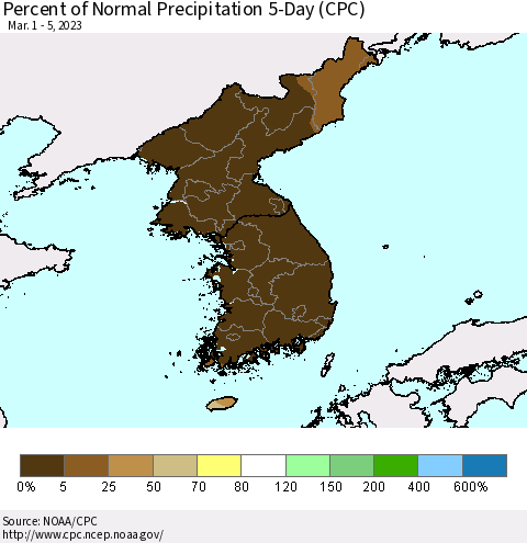 Korea Percent of Normal Precipitation 5-Day (CPC) Thematic Map For 3/1/2023 - 3/5/2023