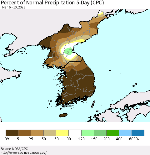 Korea Percent of Normal Precipitation 5-Day (CPC) Thematic Map For 3/6/2023 - 3/10/2023