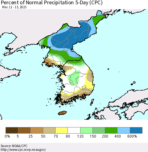 Korea Percent of Normal Precipitation 5-Day (CPC) Thematic Map For 3/11/2023 - 3/15/2023