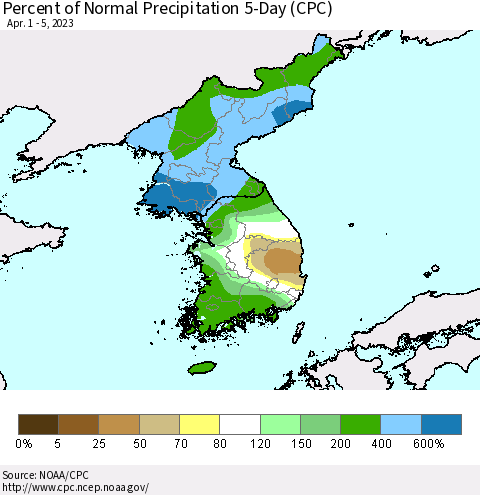 Korea Percent of Normal Precipitation 5-Day (CPC) Thematic Map For 4/1/2023 - 4/5/2023