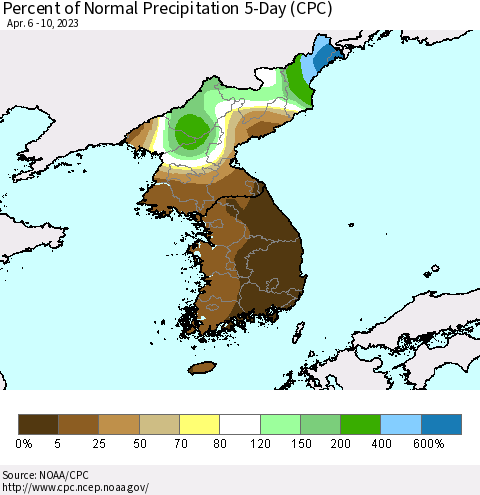 Korea Percent of Normal Precipitation 5-Day (CPC) Thematic Map For 4/6/2023 - 4/10/2023
