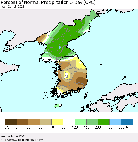 Korea Percent of Normal Precipitation 5-Day (CPC) Thematic Map For 4/11/2023 - 4/15/2023