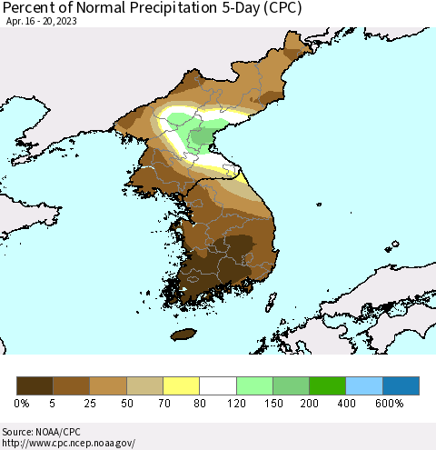 Korea Percent of Normal Precipitation 5-Day (CPC) Thematic Map For 4/16/2023 - 4/20/2023