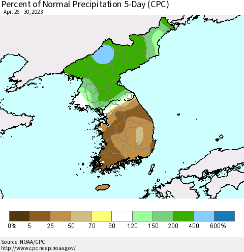 Korea Percent of Normal Precipitation 5-Day (CPC) Thematic Map For 4/26/2023 - 4/30/2023