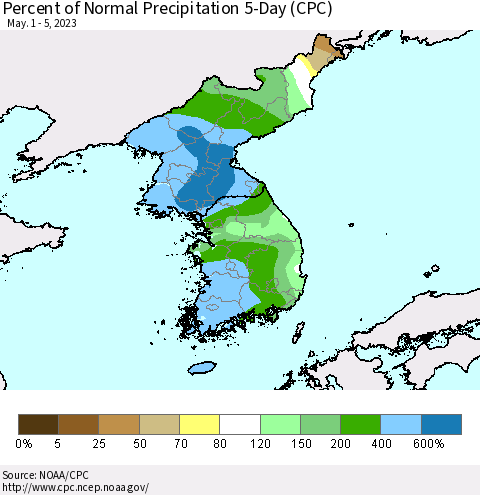 Korea Percent of Normal Precipitation 5-Day (CPC) Thematic Map For 5/1/2023 - 5/5/2023