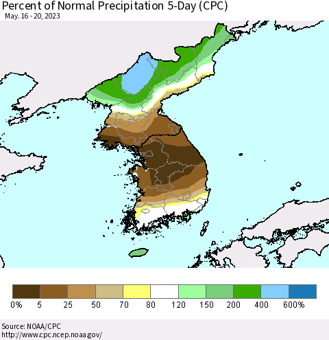 Korea Percent of Normal Precipitation 5-Day (CPC) Thematic Map For 5/16/2023 - 5/20/2023