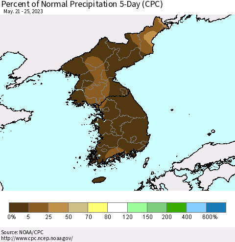 Korea Percent of Normal Precipitation 5-Day (CPC) Thematic Map For 5/21/2023 - 5/25/2023