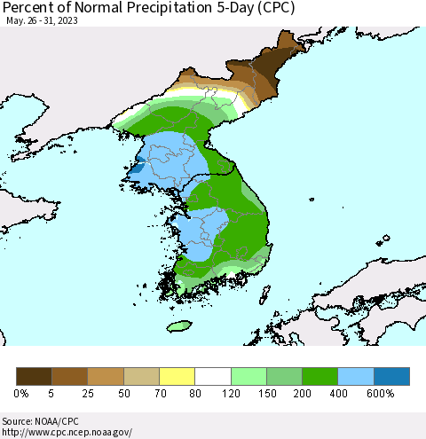 Korea Percent of Normal Precipitation 5-Day (CPC) Thematic Map For 5/26/2023 - 5/31/2023