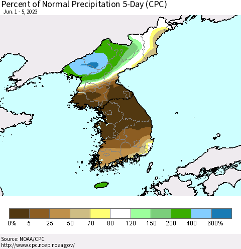 Korea Percent of Normal Precipitation 5-Day (CPC) Thematic Map For 6/1/2023 - 6/5/2023