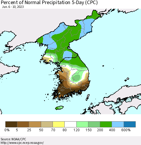 Korea Percent of Normal Precipitation 5-Day (CPC) Thematic Map For 6/6/2023 - 6/10/2023