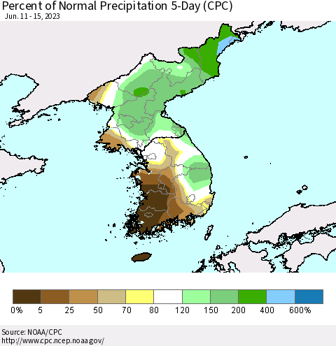 Korea Percent of Normal Precipitation 5-Day (CPC) Thematic Map For 6/11/2023 - 6/15/2023