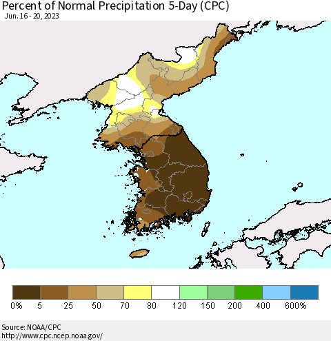 Korea Percent of Normal Precipitation 5-Day (CPC) Thematic Map For 6/16/2023 - 6/20/2023