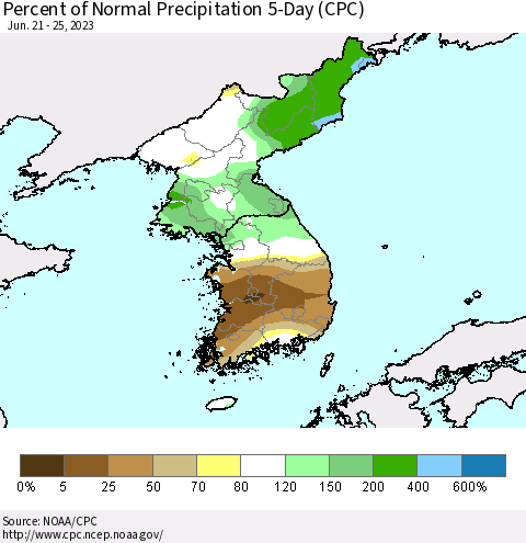 Korea Percent of Normal Precipitation 5-Day (CPC) Thematic Map For 6/21/2023 - 6/25/2023