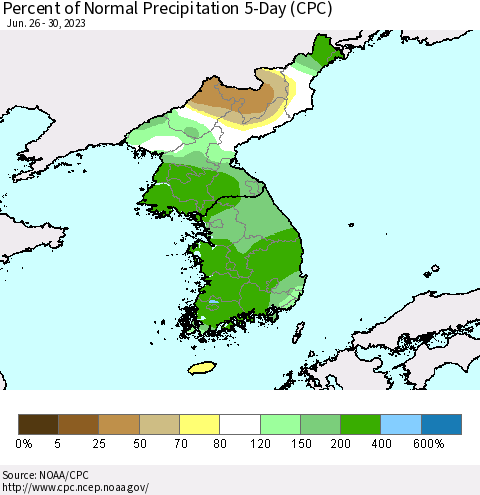 Korea Percent of Normal Precipitation 5-Day (CPC) Thematic Map For 6/26/2023 - 6/30/2023