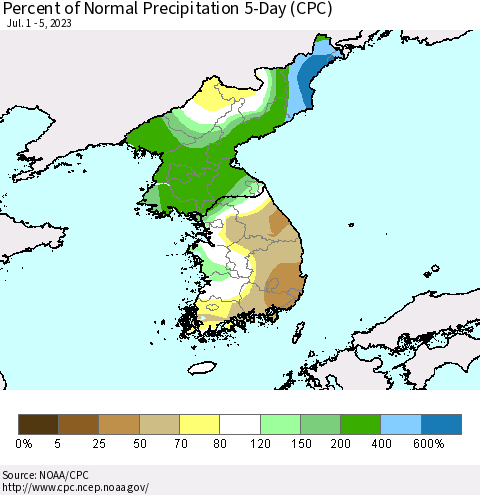 Korea Percent of Normal Precipitation 5-Day (CPC) Thematic Map For 7/1/2023 - 7/5/2023