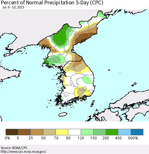 Korea Percent of Normal Precipitation 5-Day (CPC) Thematic Map For 7/6/2023 - 7/10/2023