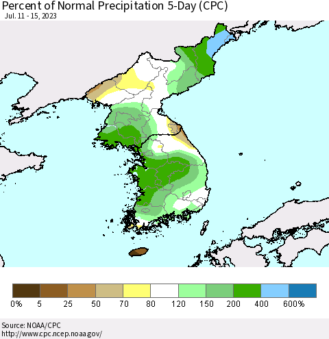 Korea Percent of Normal Precipitation 5-Day (CPC) Thematic Map For 7/11/2023 - 7/15/2023