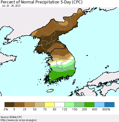 Korea Percent of Normal Precipitation 5-Day (CPC) Thematic Map For 7/16/2023 - 7/20/2023