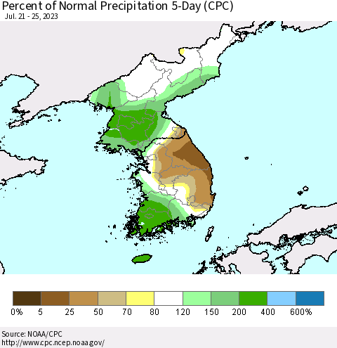 Korea Percent of Normal Precipitation 5-Day (CPC) Thematic Map For 7/21/2023 - 7/25/2023