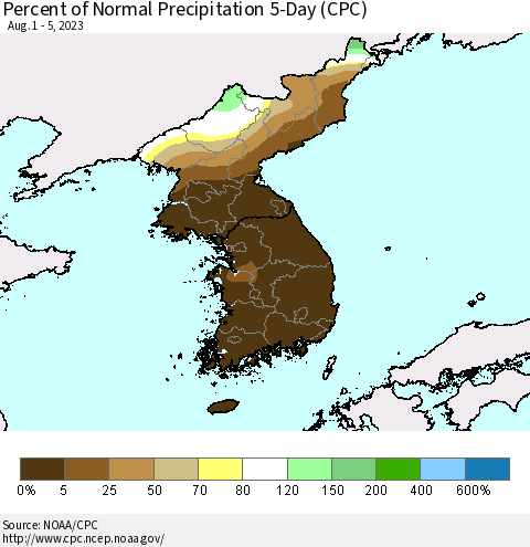 Korea Percent of Normal Precipitation 5-Day (CPC) Thematic Map For 8/1/2023 - 8/5/2023