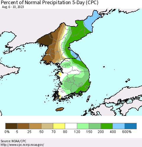 Korea Percent of Normal Precipitation 5-Day (CPC) Thematic Map For 8/6/2023 - 8/10/2023