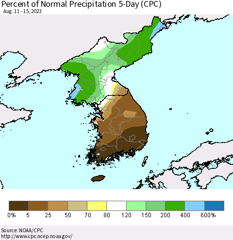 Korea Percent of Normal Precipitation 5-Day (CPC) Thematic Map For 8/11/2023 - 8/15/2023
