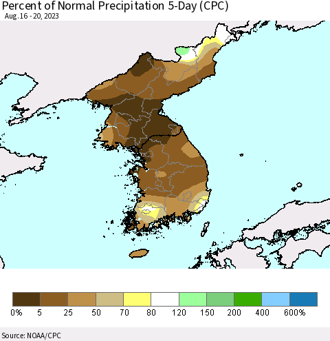 Korea Percent of Normal Precipitation 5-Day (CPC) Thematic Map For 8/16/2023 - 8/20/2023