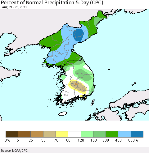 Korea Percent of Normal Precipitation 5-Day (CPC) Thematic Map For 8/21/2023 - 8/25/2023
