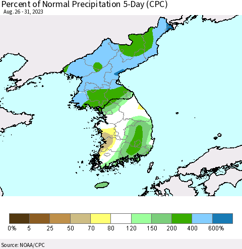 Korea Percent of Normal Precipitation 5-Day (CPC) Thematic Map For 8/26/2023 - 8/31/2023